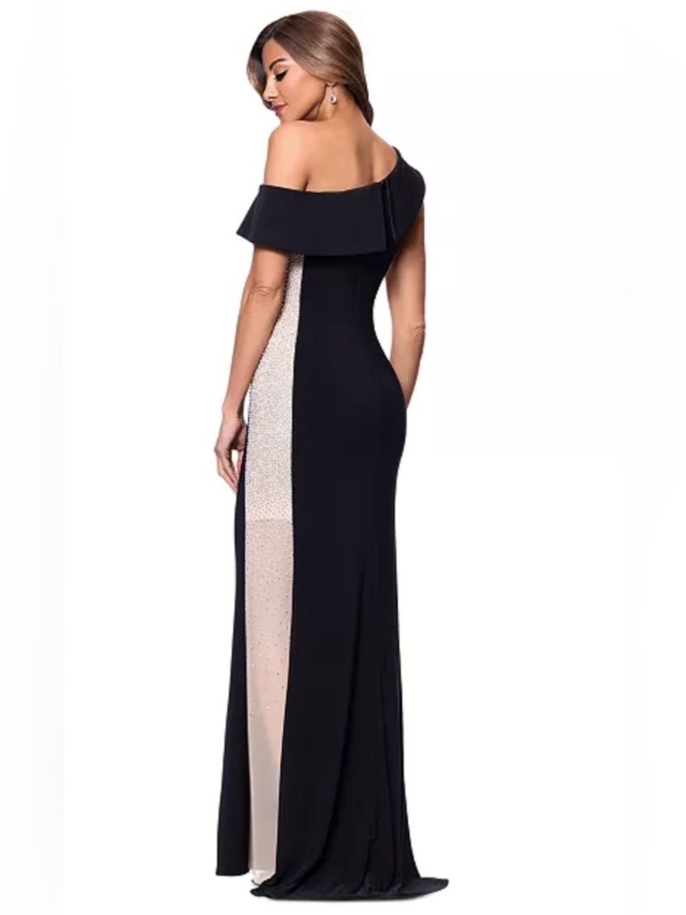 XSCAPE - Crystal Mesh Detail One-Shoulder Sheath Detail Gown Size 12 - Picture 3 of 16
